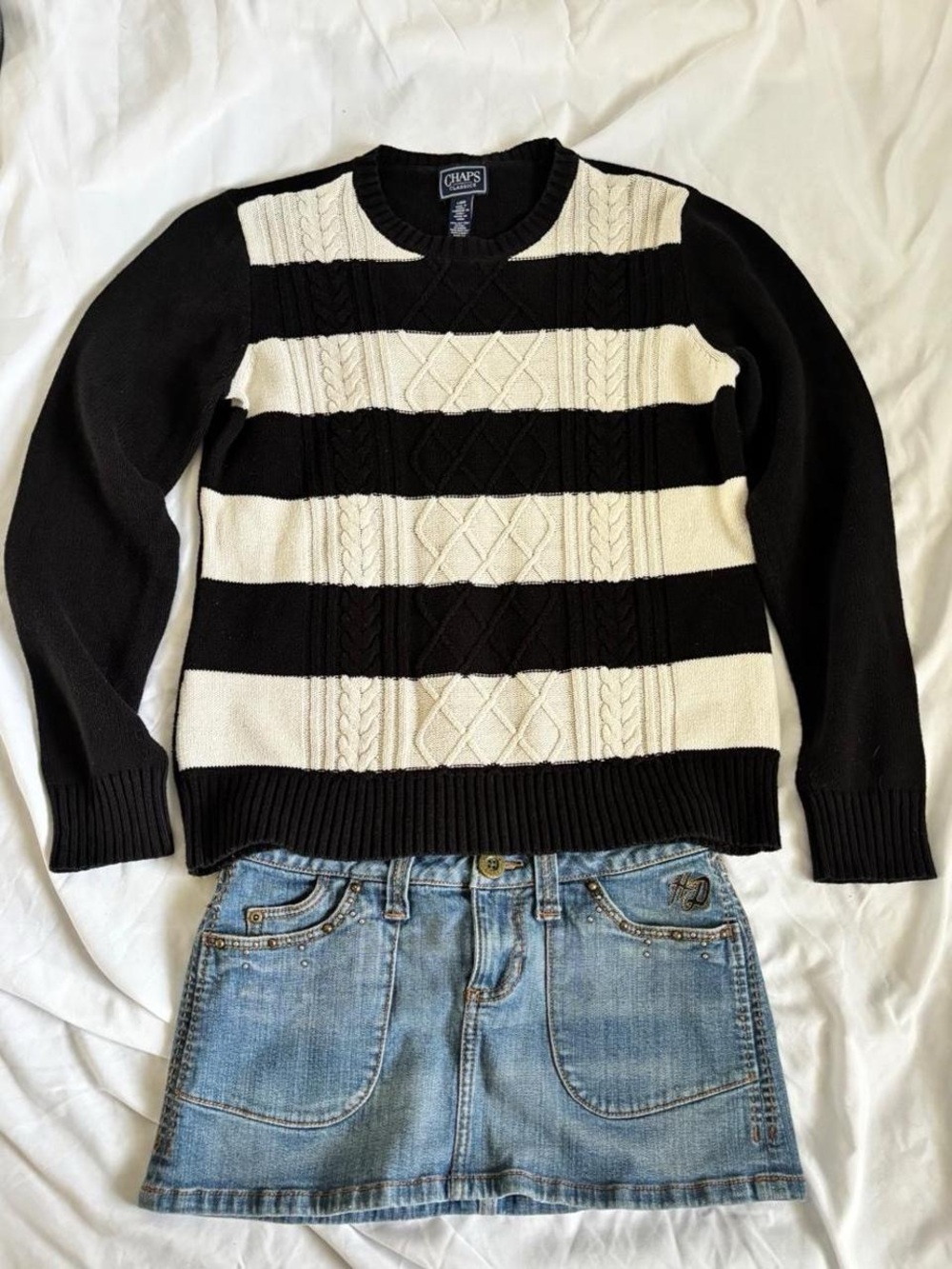 Chaps Black and White Cable-Knit Crew Sweater